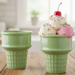 Set of 2 The Monkey and the Peddler Ice Cream Cone Cups 2002 Green Pastel